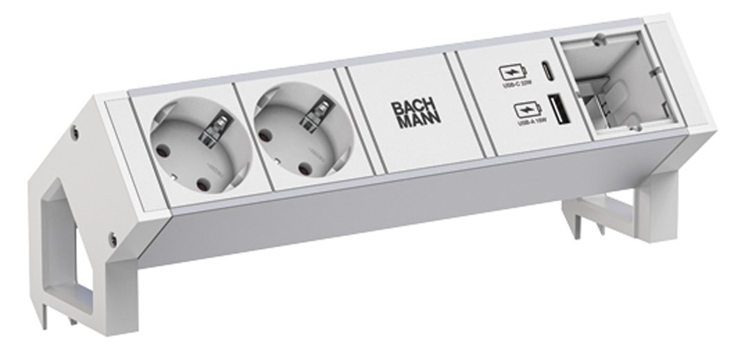 Bachmann DESK2 ALU WHITE 2xCEE7/3 1xCM 1xUSB A/C 22W 0.2m GST18