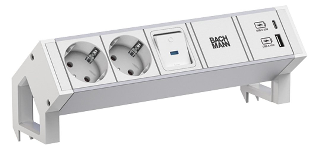 Bachmann DESK2 ALU WHITE 937.4042xCEE7/3 1xSchalter 1xUSB A/C 22W 0 2m