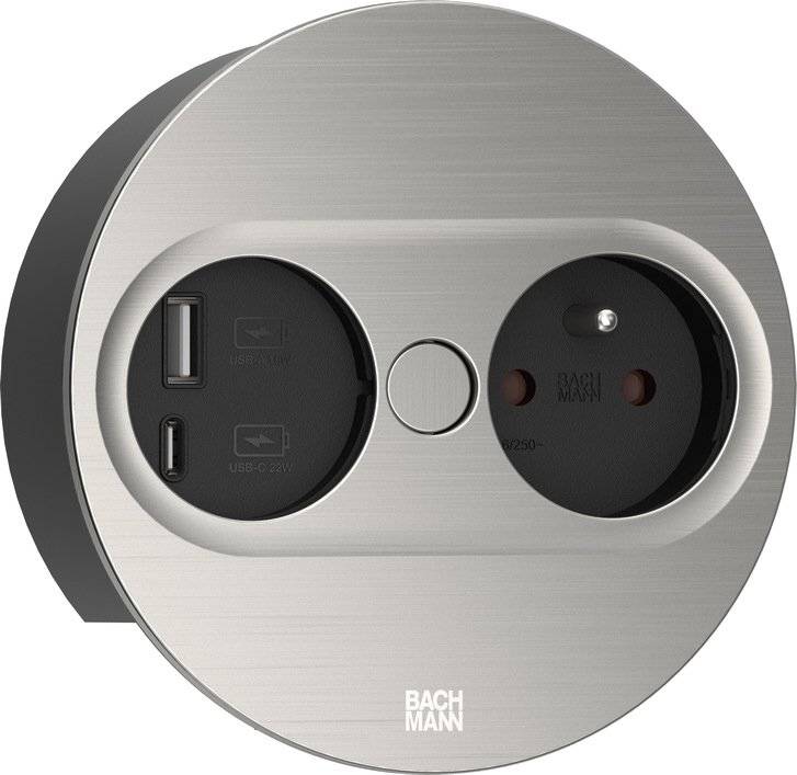 Bachmann TWIST2 1xUTE 1USB Inox-Optik rund Aderendhülsen USB Charg. A/C 2m