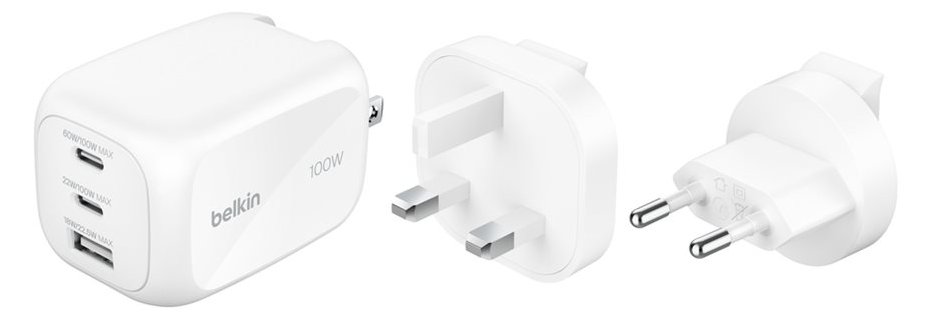 Belkin BoostCharge Pro - Netzteil - GaN - 100 Watt - PD 3.1/PPS - 3 Ausgabeanschlussstellen (2 x USB-C, USB)