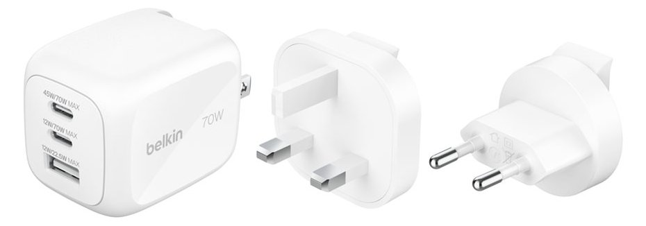 Belkin BoostCharge Pro - Netzteil - GaN - 70 Watt - PD 3.1/PPS - 3 Ausgabeanschlussstellen (2 x USB-C, USB)