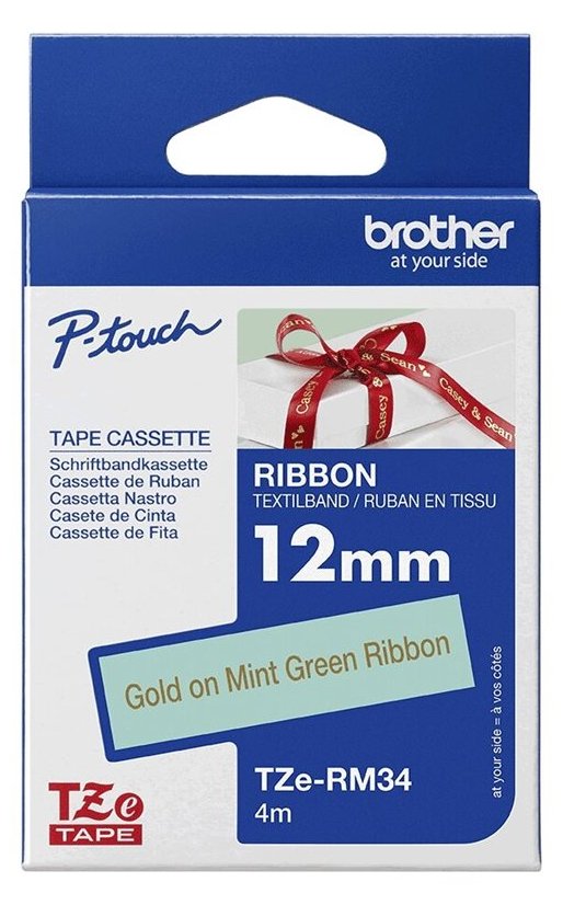 Brother TZe-RM34 - Seidig - Gold auf Mintgrün - Rolle (1,2 cm x 4 m)