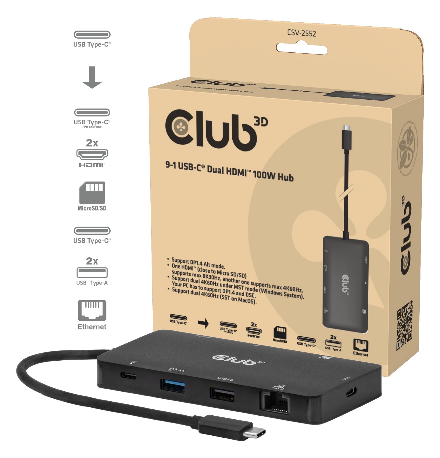 Club 3D 9-1 USB-C Dual HDMI 100W Hub - Hub - 5 Gbps