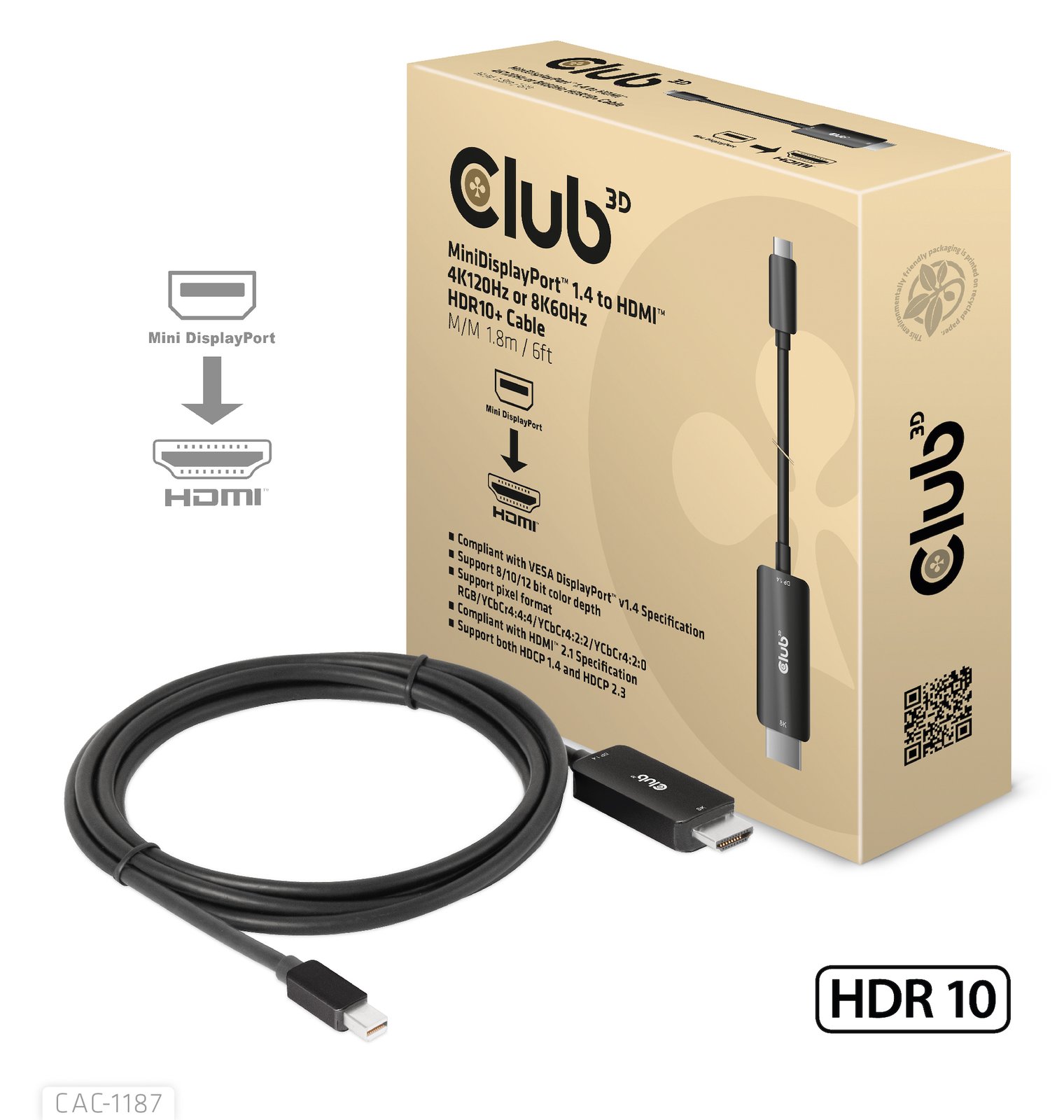 Club 3D CAC-1187 - Adapterkabel - Mini DisplayPort männlich zu HDMI männlich - 1.8 m - unterstützt 8K 60 Hz(7680 x 4320)