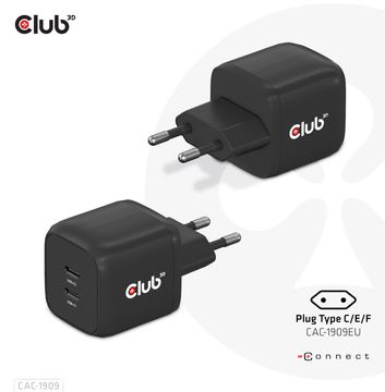 Club 3D CAC-1909 - Netzteil - PPS- und GaN-Technologie - 45 Watt - 3 A - PD 3.0 - 2 Ausgabeanschlussstellen (2 x USB-C) von LumaTech