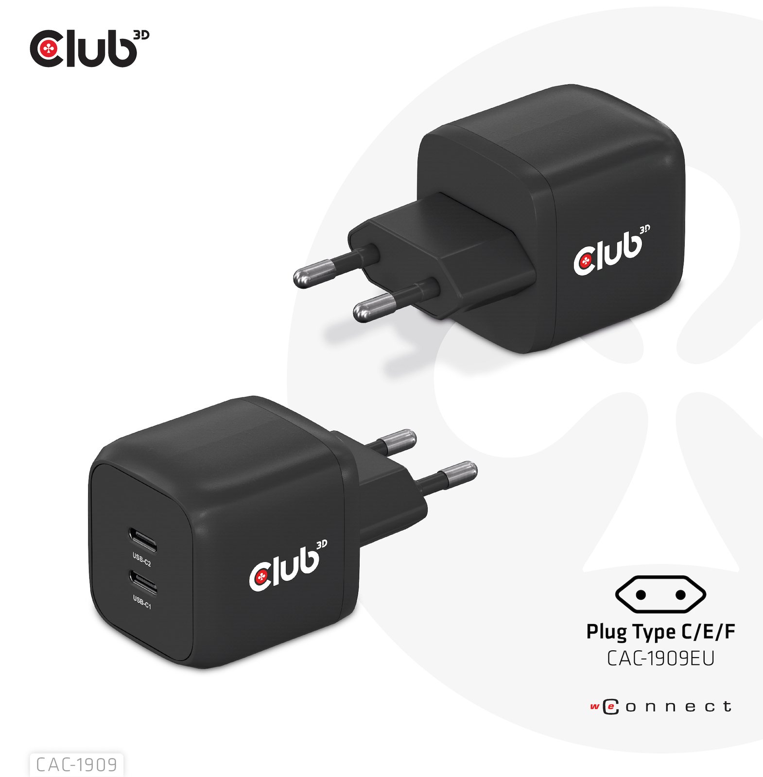 Club 3D CAC-1909 - Netzteil - PPS- und GaN-Technologie - 45 Watt - 3 A - PD 3.0 - 2 Ausgabeanschlussstellen (2 x USB-C)
