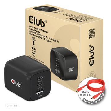 Club 3D CAC-1913 - Netzteil - GaN Technology, Triple Port - 65 Watt - 5 A - PD 3.0, PD/PPS - (USB Typ A, 2 x USB-C) von LumaTech