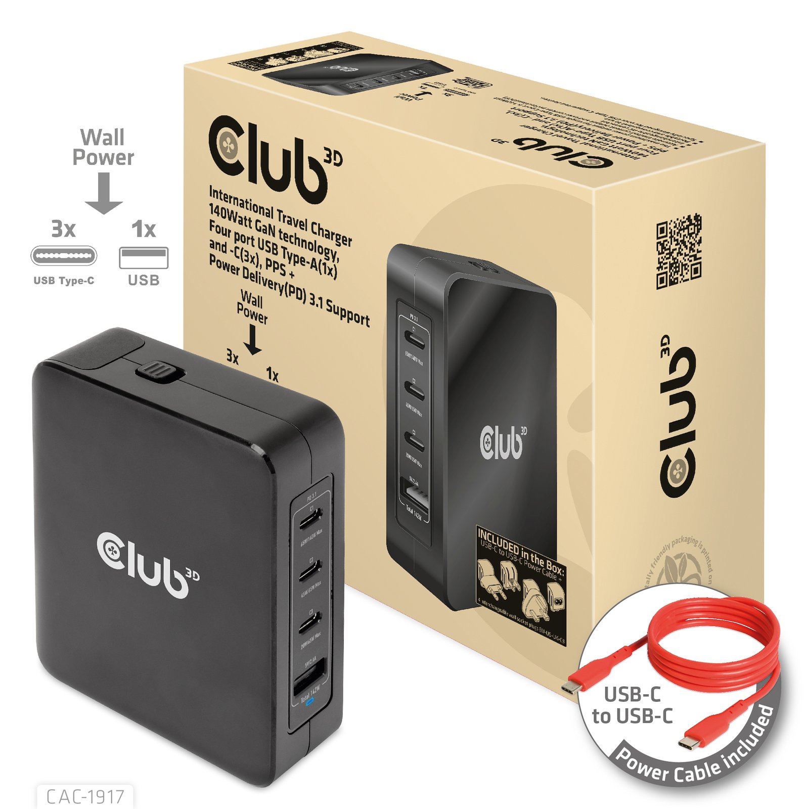 Club 3D CAC-1917 - Netzteil - GaN-Technologie - 140 Watt - 5 A - Power Delivery 3.1, PD/PPS - (USB, 3 x USB-C)