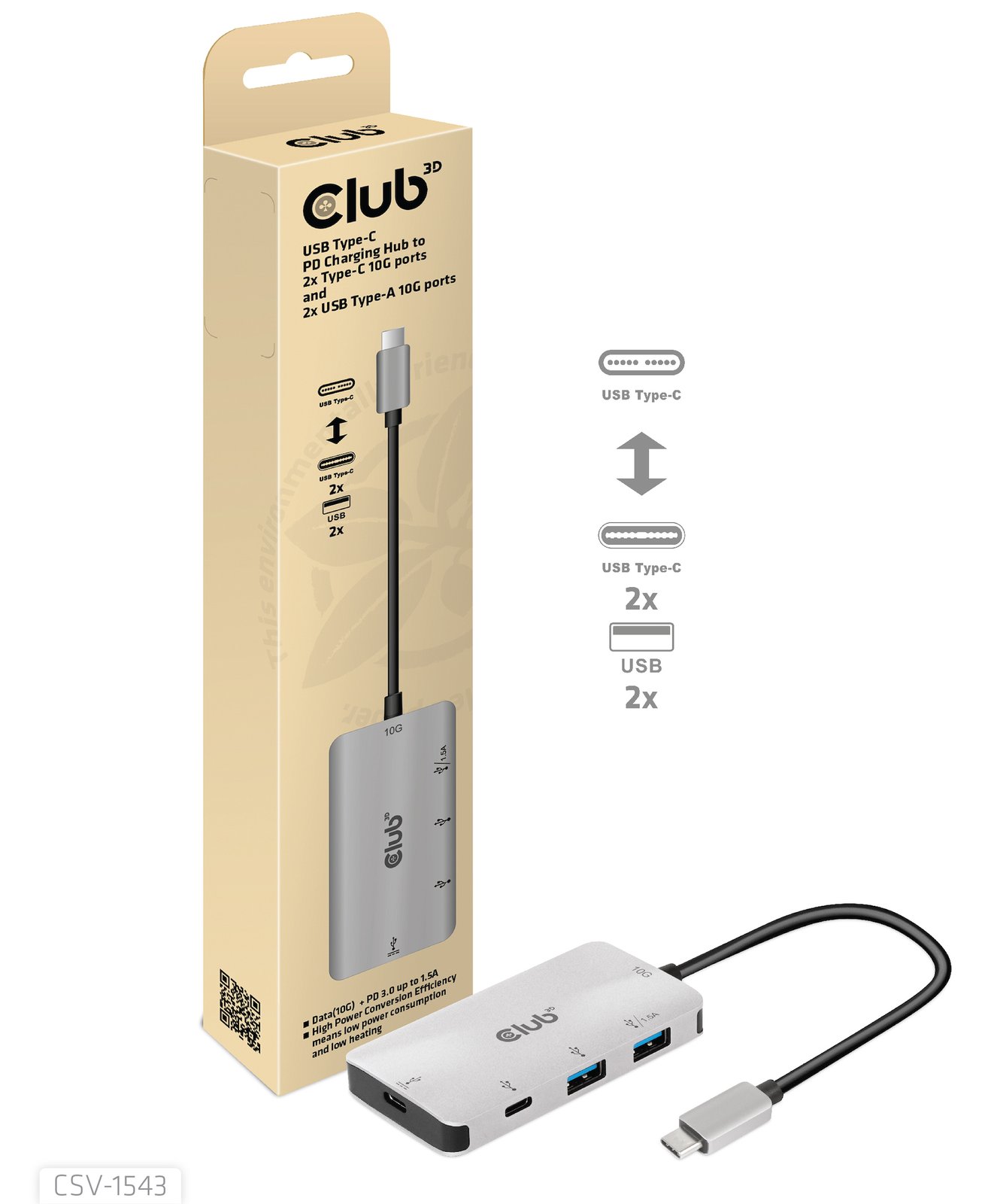 Club 3D CSV-1543 - Hub - 2 x USB 3.1 Gen 2 + 2 x USB-C 3.1 Gen 2