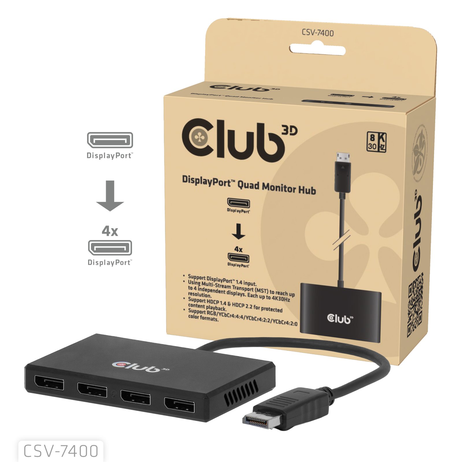 Club 3D DisplayPort Quad Displayport Mst 8K 30Hz Hub - Kabel - Digital/Display/Video