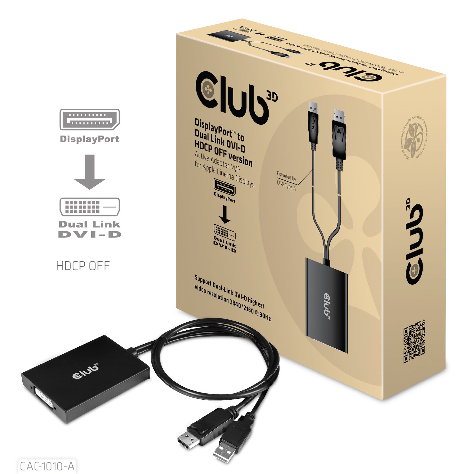 Club 3D DisplayPort/DVI-Adapter - Dual Link - USB (nur Strom) - DisplayPort (M) zu DVI-D (W) - DisplayPort 1.2a - 60 cm