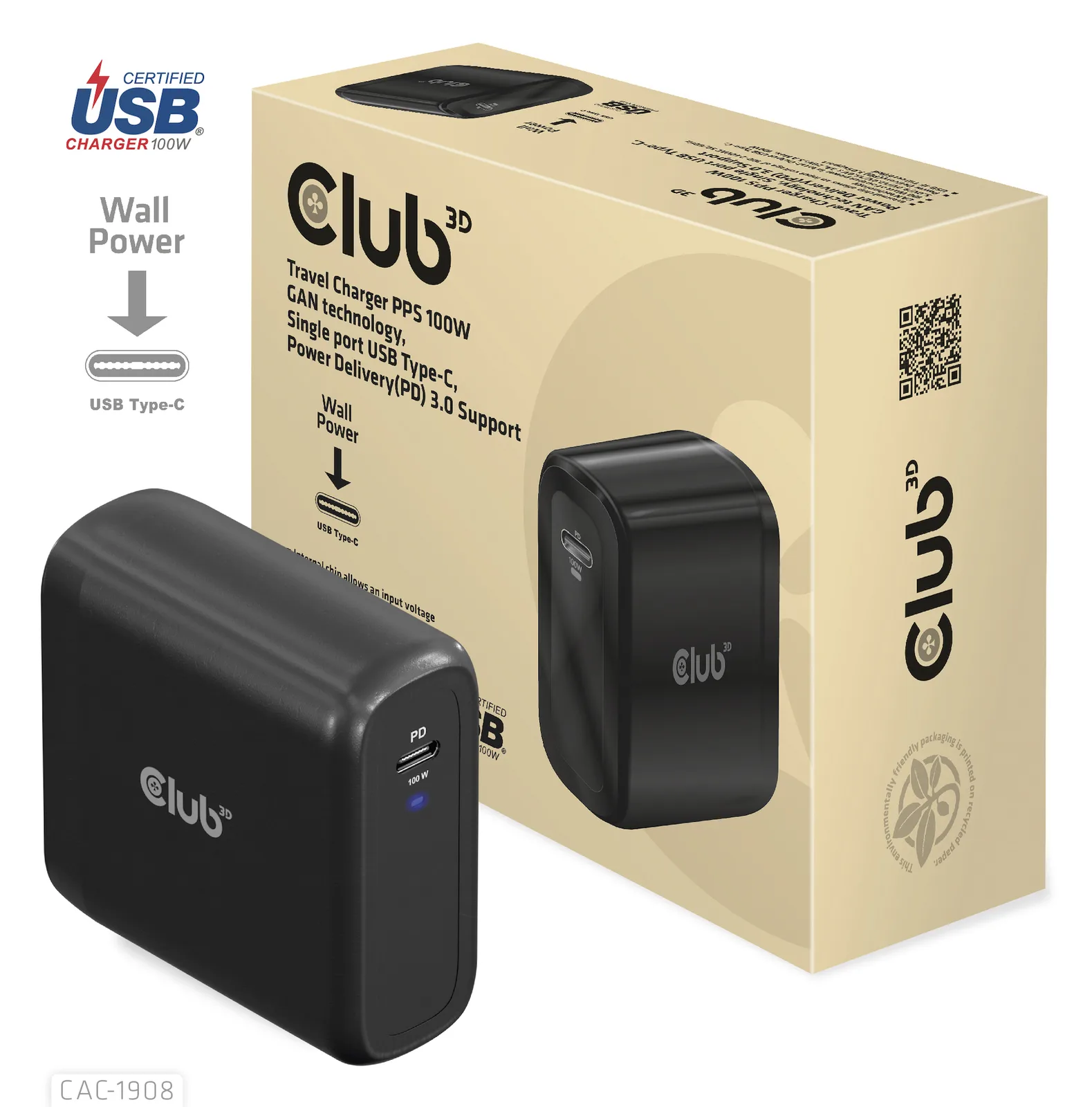Club 3D Ladegerät 1xUSB Typ C PD 100W GaN retail, Ansicht 2
