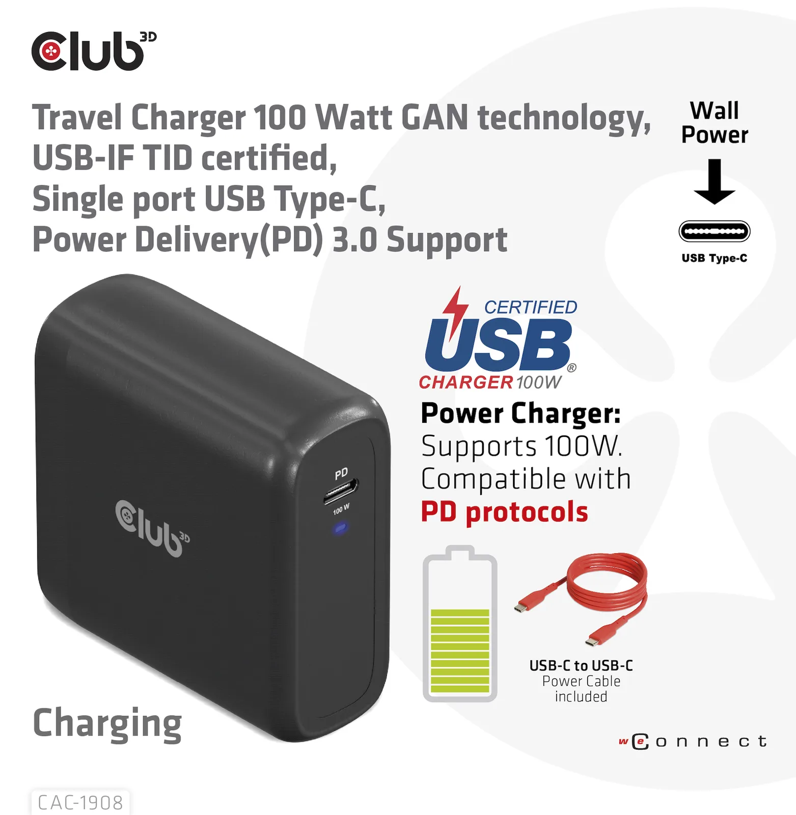 Club 3D Ladegerät 1xUSB Typ C PD 100W GaN retail, Ansicht 5
