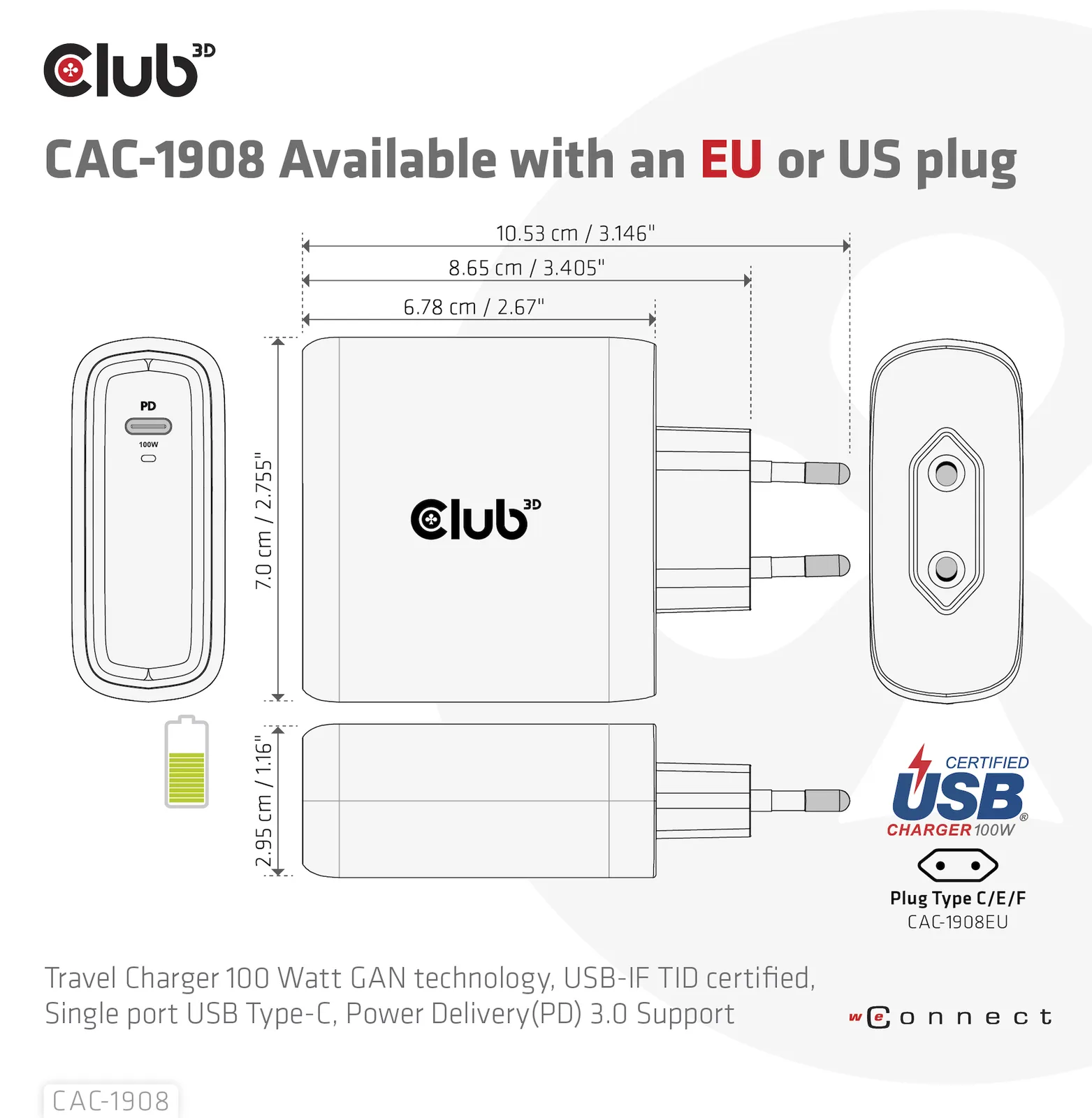 Club 3D Ladegerät 1xUSB Typ C PD 100W GaN retail, Ansicht 7