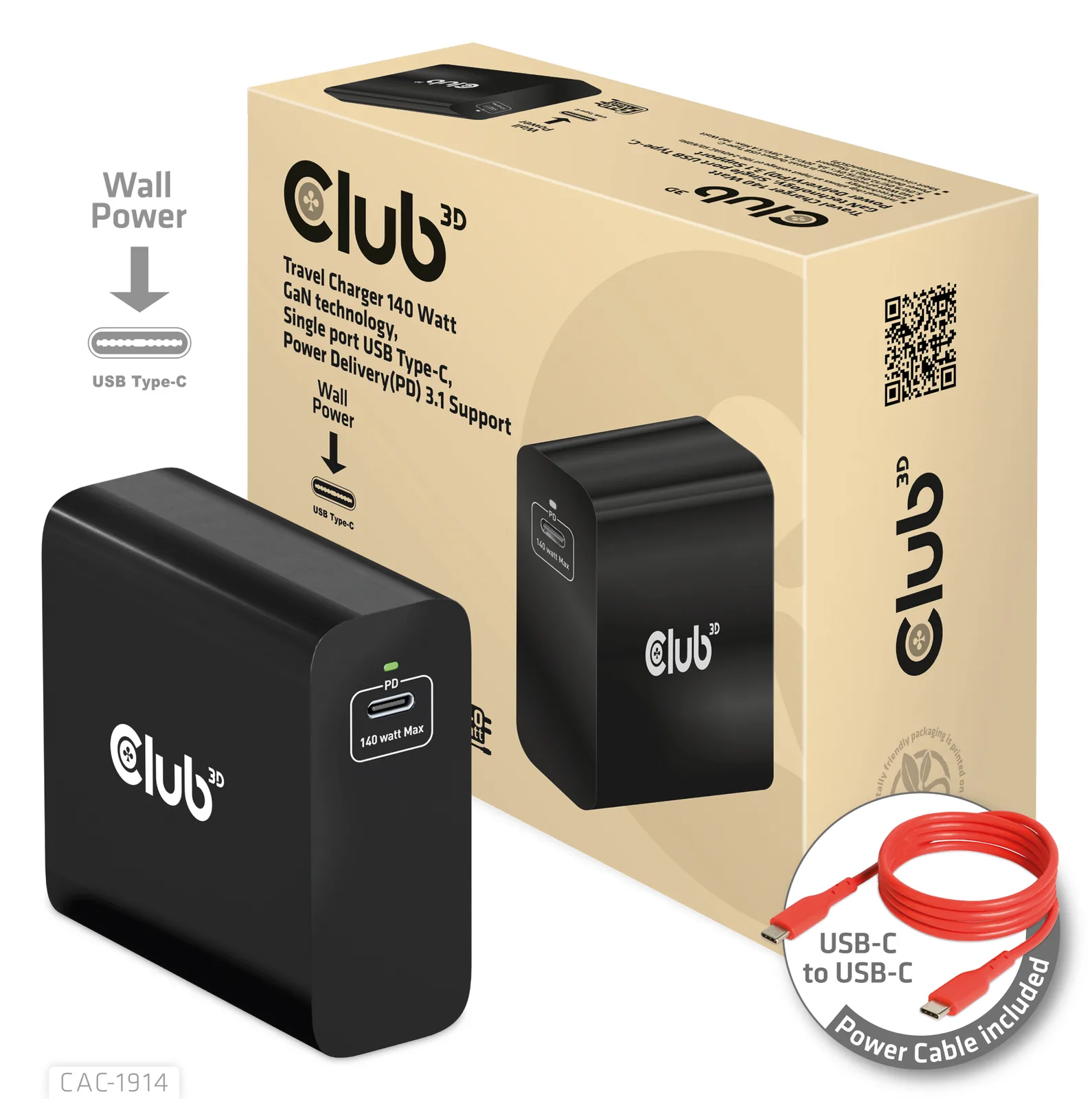 Club 3D Netzteil - GaN-Technologie - 140 Watt - 5 A - Power Delivery 3.1 (24 pin USB-C), Ansicht 2