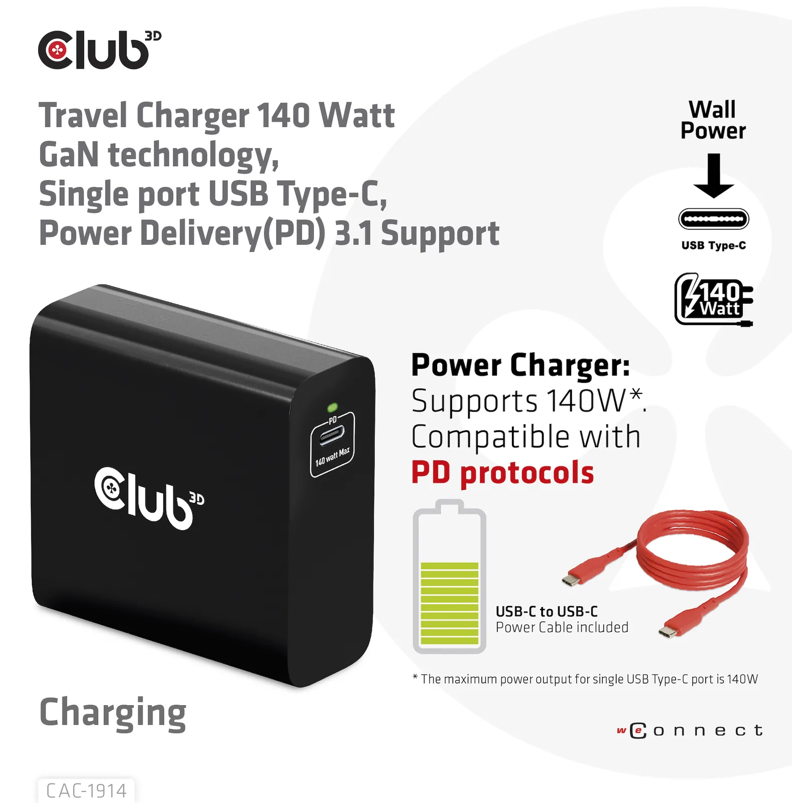 Club 3D Netzteil - GaN-Technologie - 140 Watt - 5 A - Power Delivery 3.1 (24 pin USB-C), Ansicht 3