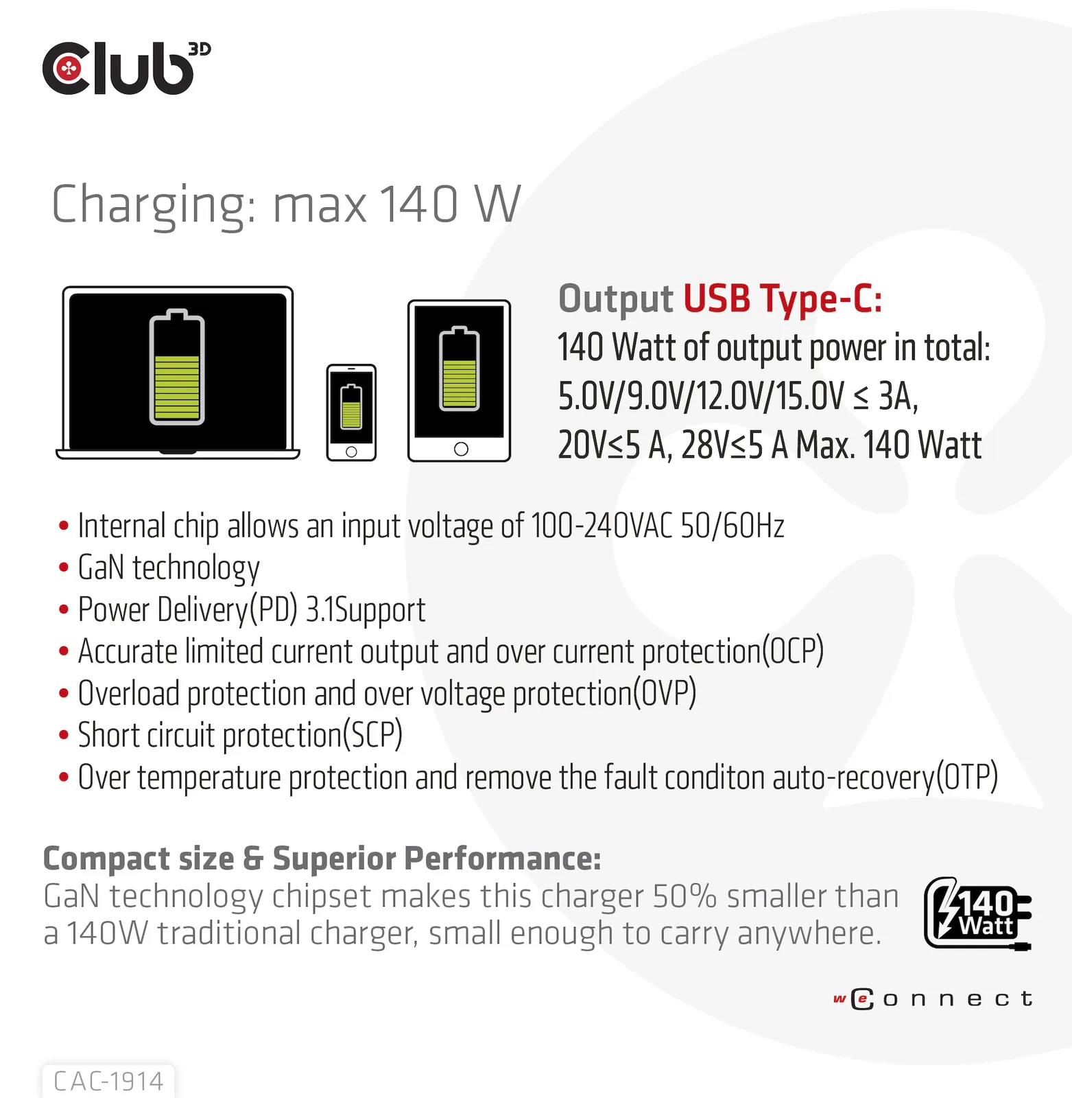Club 3D Netzteil - GaN-Technologie - 140 Watt - 5 A - Power Delivery 3.1 (24 pin USB-C), Ansicht 5