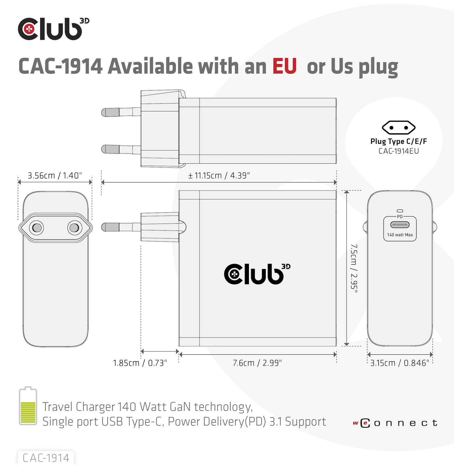 Club 3D Netzteil - GaN-Technologie - 140 Watt - 5 A - Power Delivery 3.1 (24 pin USB-C), Ansicht 6