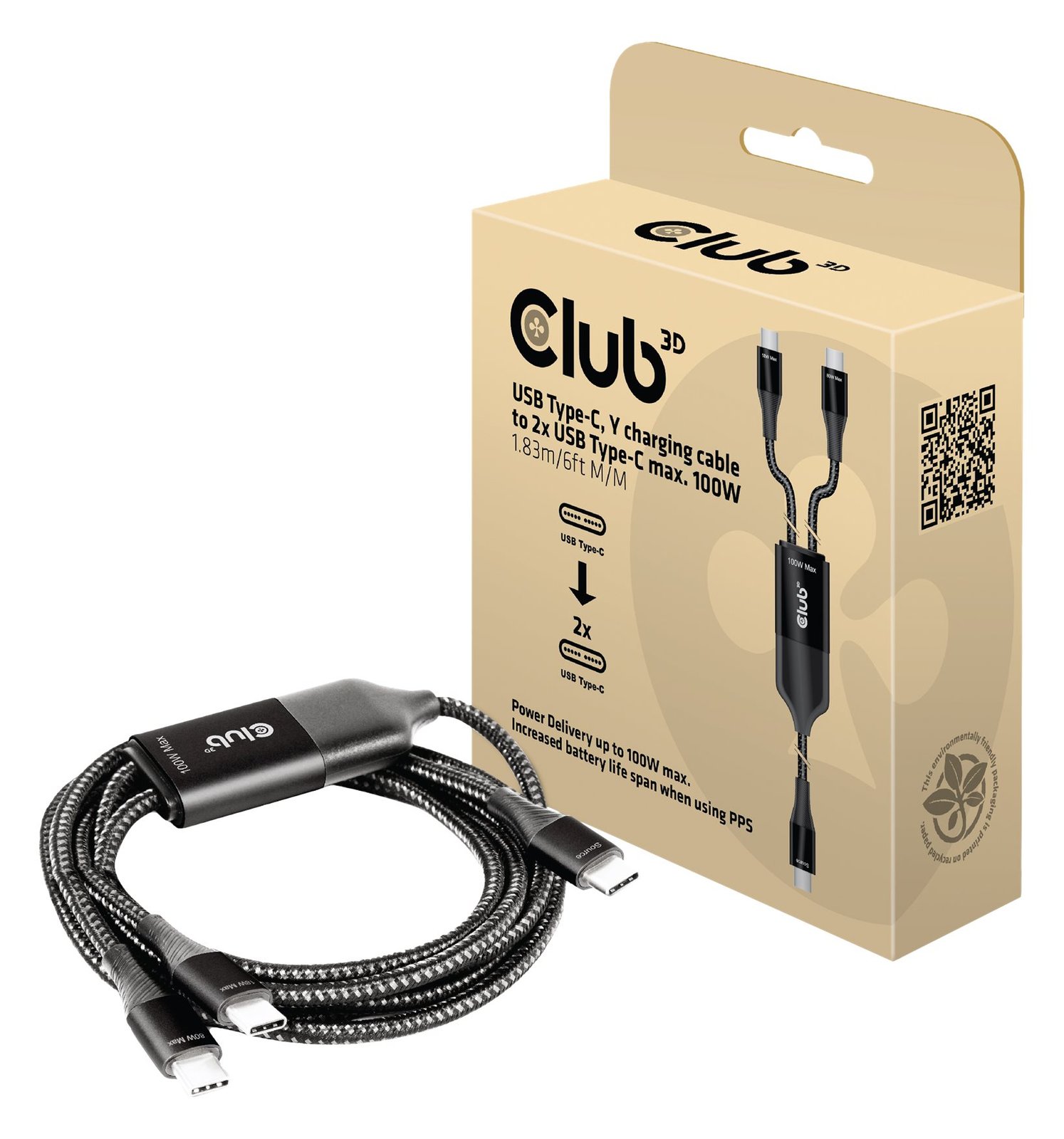Club 3D USB-Kabel - 24 pin USB-C (M) zu 24 pin USB-C (M) - 1.83 m - USB-Stromversorgung (100 W) - Power Delivery 3.0