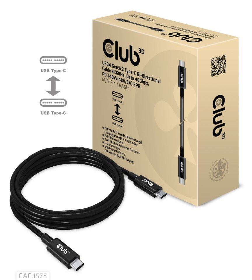 Club 3D USB-Kabel - 24 pin USB-C (M) zu 24 pin USB-C (M) - USB4 Gen3x2 - 48 V - 5 A - 2 m - Support von 8K 60 Hz