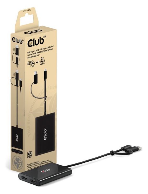 Club 3D Videoadapter - 24 pin USB-C, USB Typ A (M) - zu DisplayPort (W) - Support von 4K 60 Hz - CSV-1475