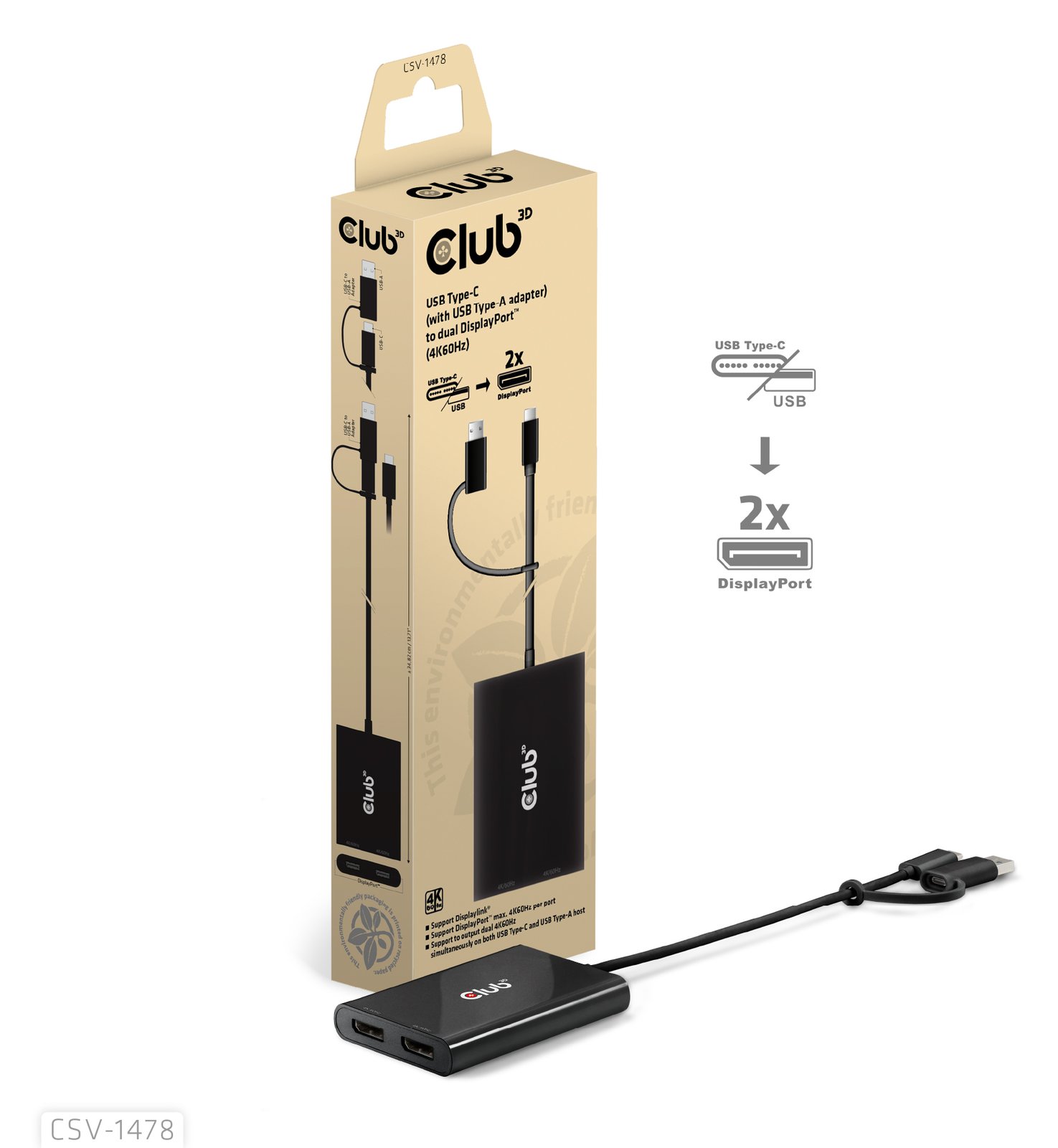 Club 3D Videoadapter - 24 pin USB-C, USB Typ A (M) - zu DisplayPort (W) - Support von 4K 60 Hz - CSV-1478