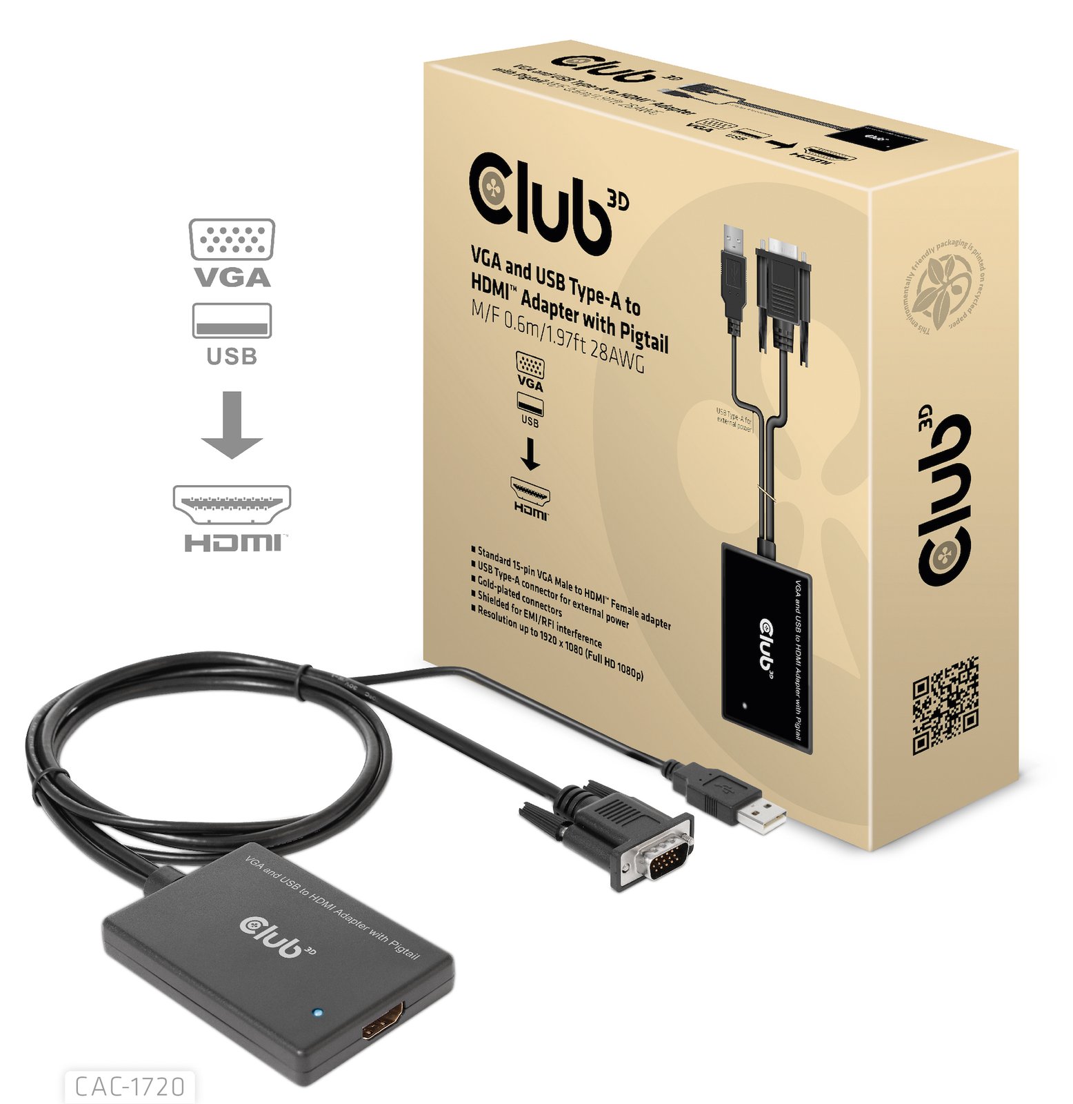Club 3D Videoadapter - HD-15 (VGA), USB (nur Strom)