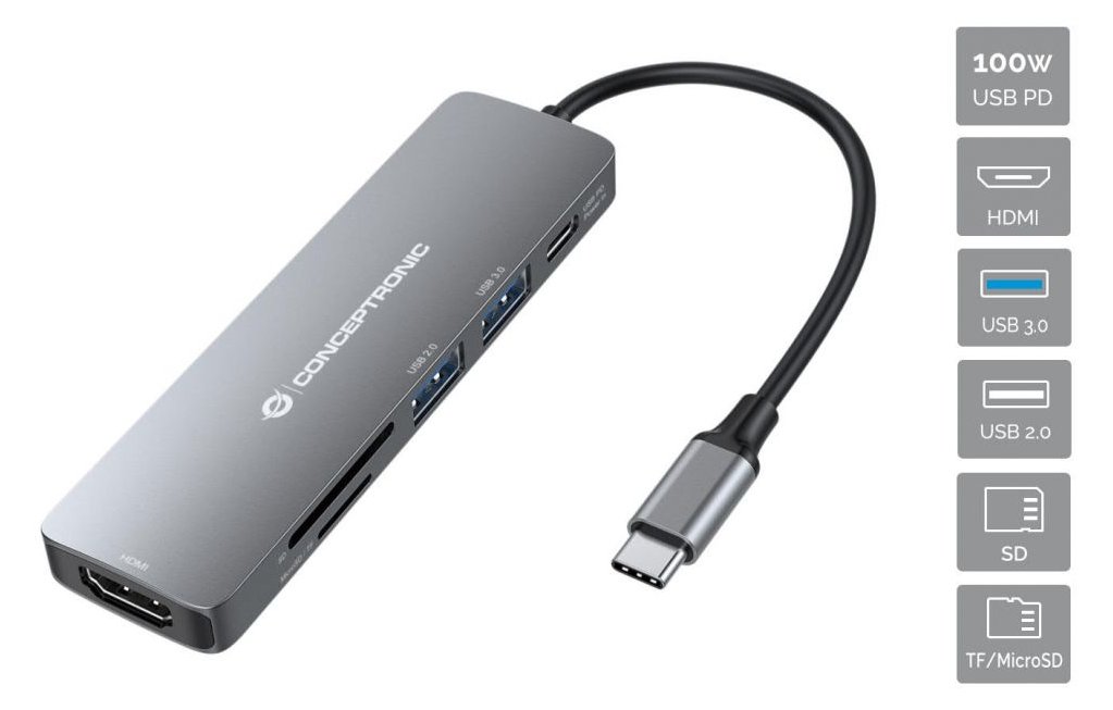 Conceptronic Dock USB-C->HDMI USB3.0/2.0 SD/TF 60WPD 0.12mgr