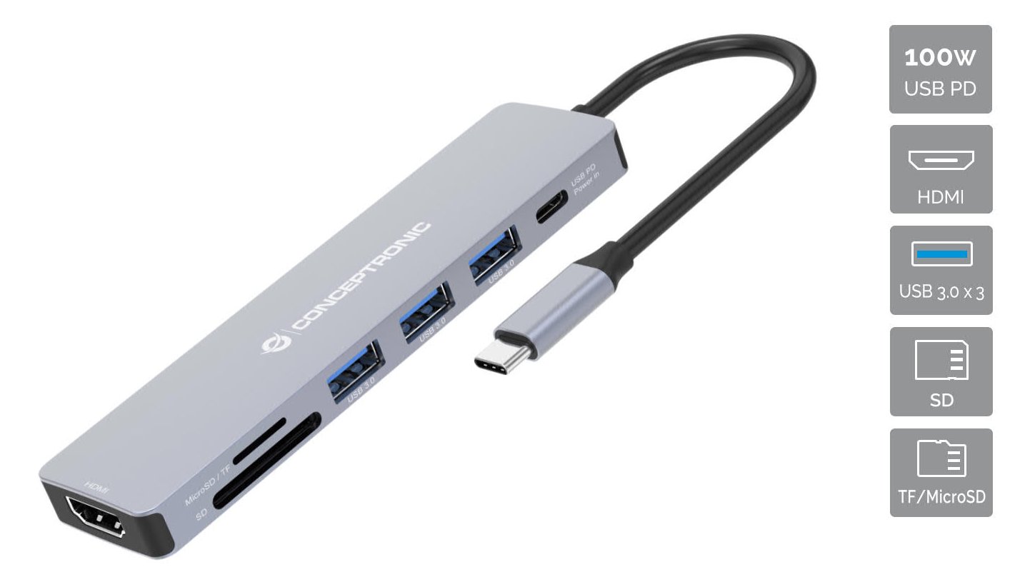 Conceptronic DONN19G 7-in-1 USB 3.2 Gen 1 Dockingstation - HDMI - USB-A 3.0 x 3 - SD - TF/MicroSD - 100W USB PD