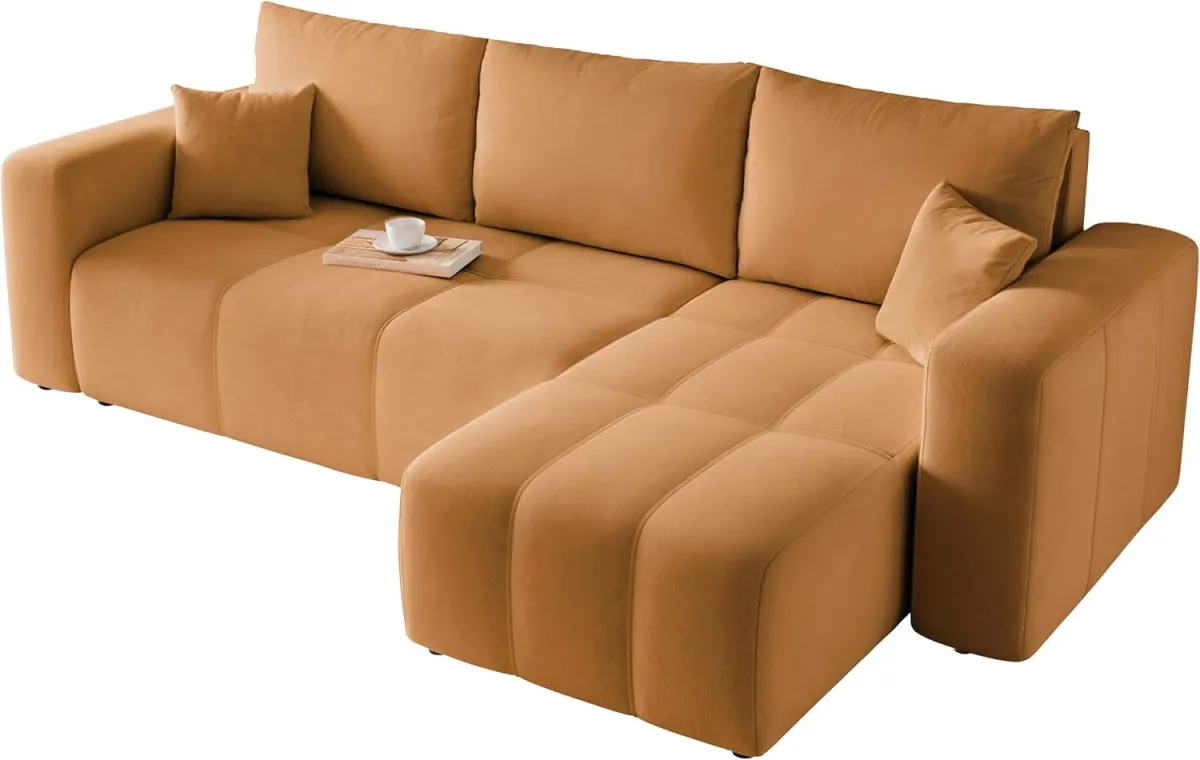 Sofa mit Schlaffunktion 145x248 - Senfgelb Ecksofa mit Schlaffunktion und Bettkasten - Sofa 3 Sitzer - Schlafsofa - Couch - Schlafsofa mit Bettkasten