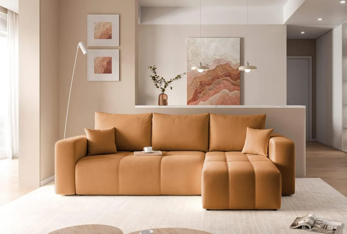 Sofa mit Schlaffunktion 145x248 - Senfgelb Ecksofa mit Schlaffunktion und Bettkasten - Sofa 3 Sitzer - Schlafsofa - Couch - Schlafsofa mit Bettkasten — Bild 2