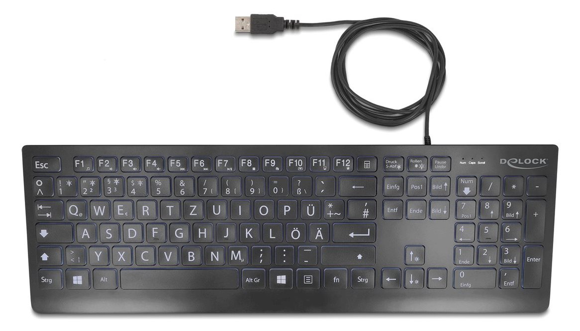 Delock USB Tastatur kabelgebunden 1.5 m schwarz mit XXL Buchstaben und - TL: Deutsch, QWERTZ