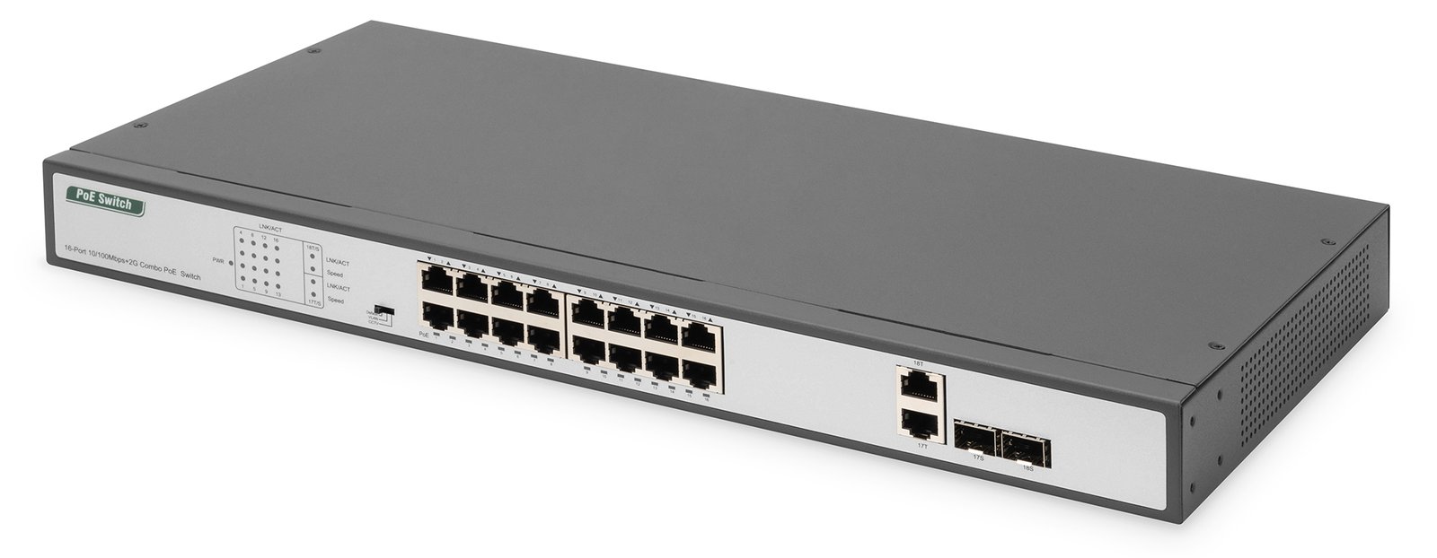 DIGITUS Switch 16-Port Fast Ethernet PoE/19''/2 Uplinks - Switch - 16-Port