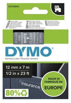 Dymo D1 - Selbstklebend - weiß auf durchsichtig - Rolle (1,27 cm x 7 m) von LumaTech