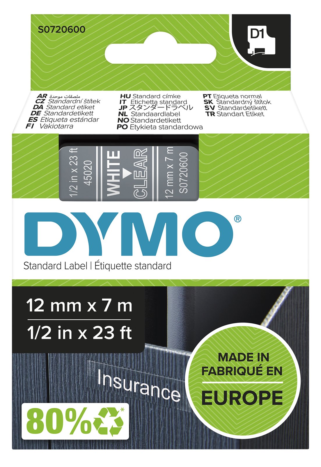 Dymo D1 - Selbstklebend - weiß auf durchsichtig - Rolle (1,27 cm x 7 m)
