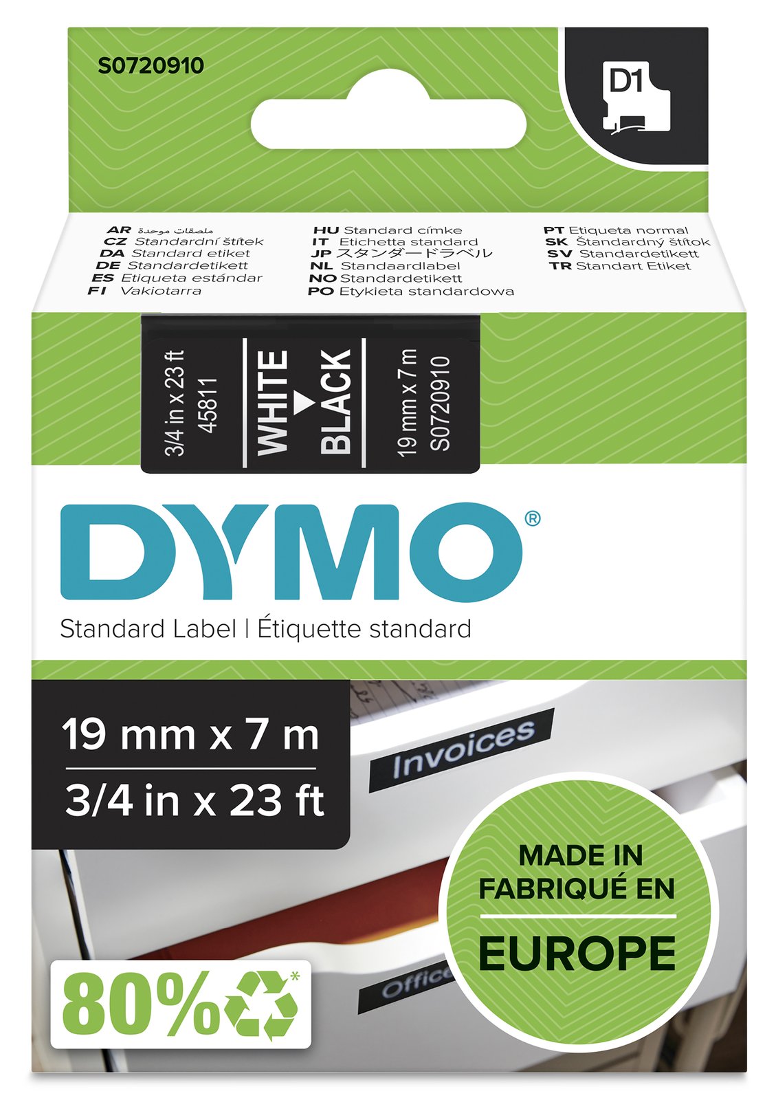 Dymo D1 - Selbstklebend - Weiß auf Schwarz - Rolle (1,9 cm x 7 m)