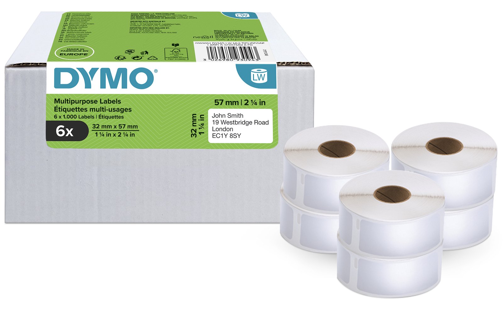 Dymo LabelWriter Medium - Schwarz auf Weiß - 57 x 32 mm 6000 Etikett(en) (6 Rolle(n)