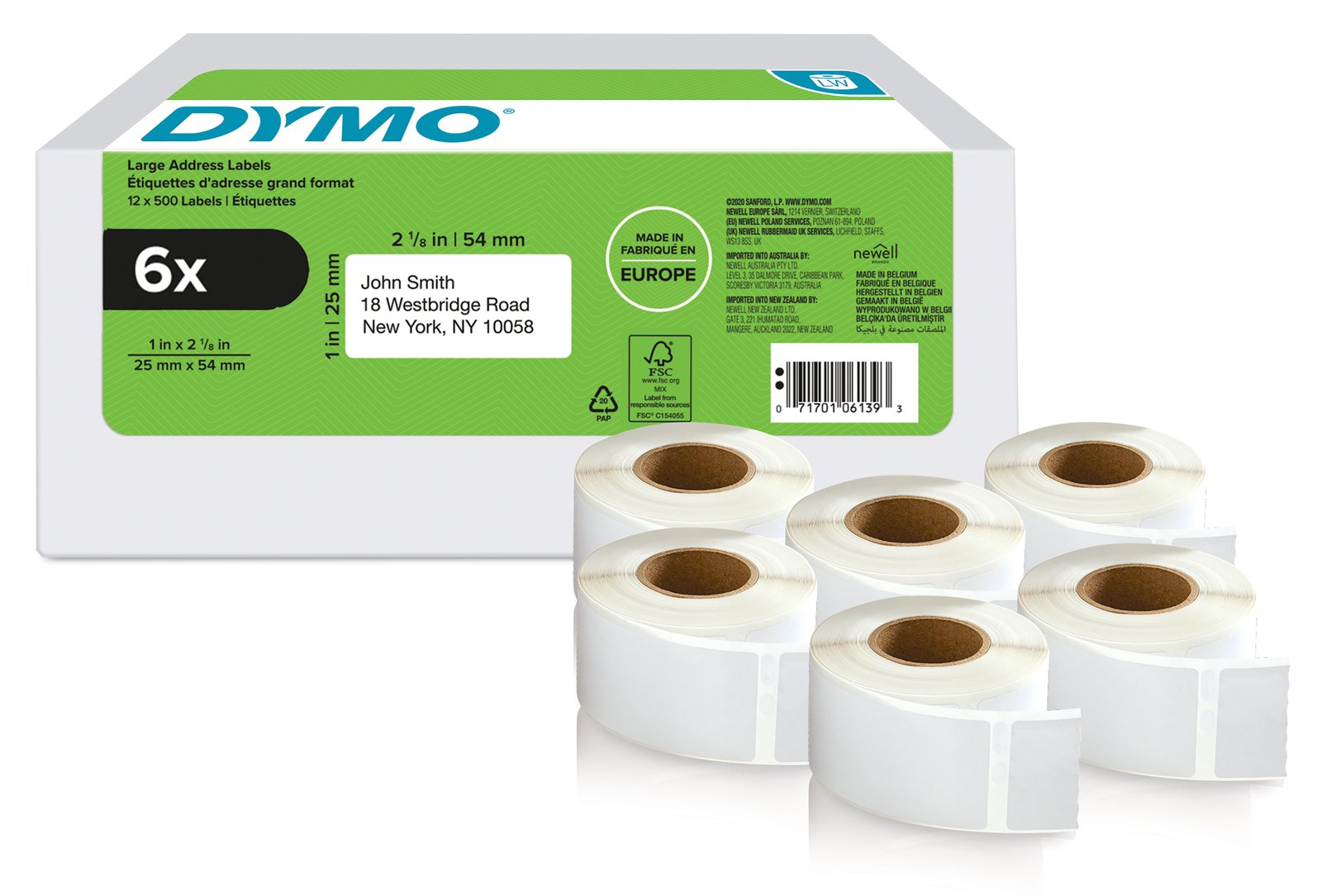 Dymo Papier - permanenter Klebstoff - weiß - 25 x 54 mm 3000 Etikett(en) 6 Rolle(n)