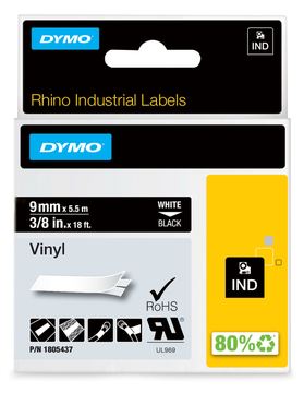 Dymo Rhino Coloured Vinyl - Vinyl - permanenter Klebstoff - Weiß auf Schwarz - Rolle (1 cm x 5,5 m) von LumaTech