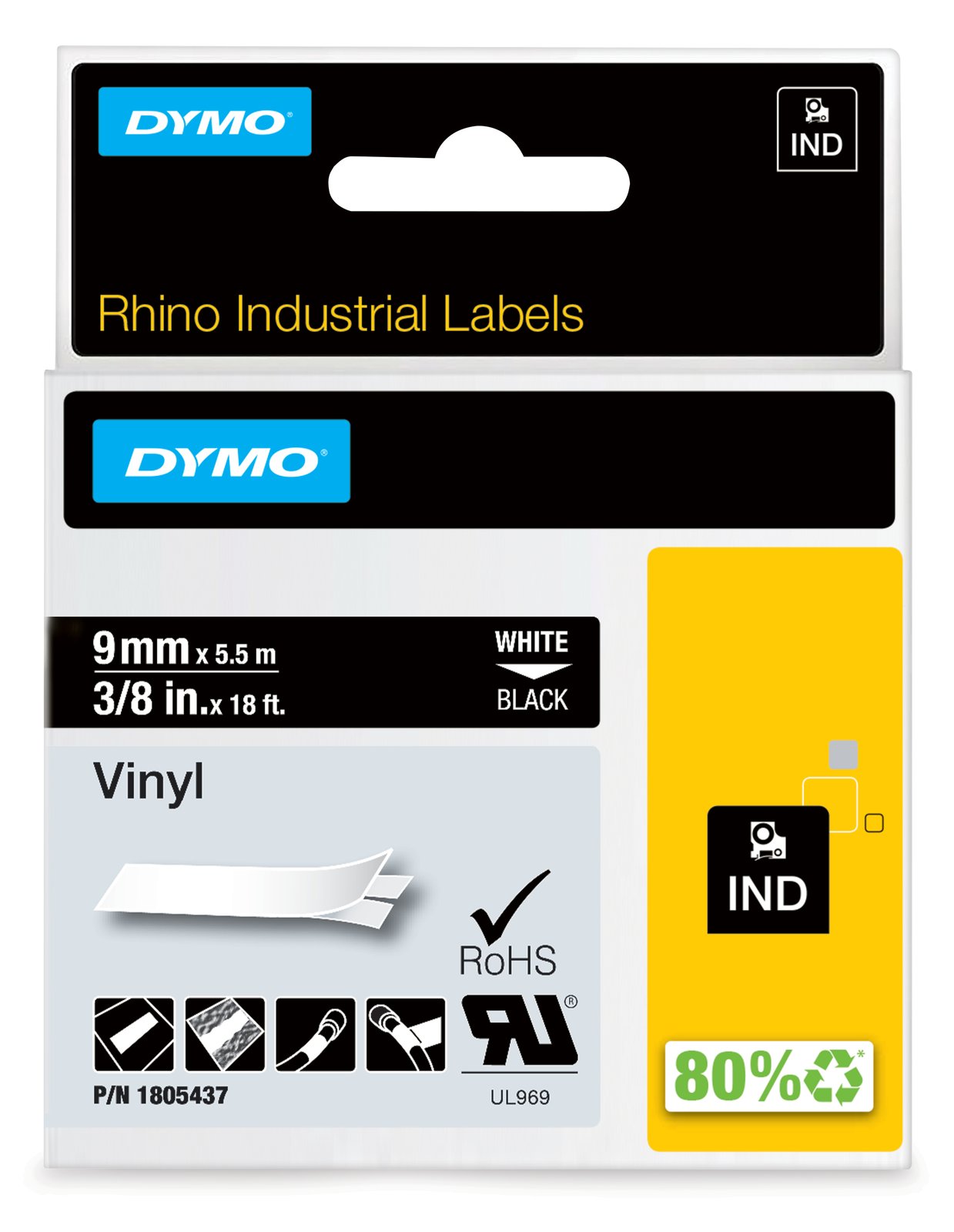 Dymo Rhino Coloured Vinyl - Vinyl - permanenter Klebstoff - Weiß auf Schwarz - Rolle (1 cm x 5,5 m)