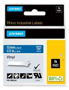 Dymo Rhino Coloured Vinyl - Vinyl - weiß auf blau - Rolle (1,2 cm x 5,5 m) von LumaTech