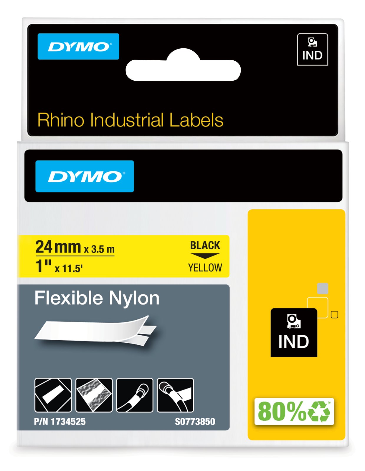 Dymo RhinoPRO Flexible Nylon - Nylon - Schwarz auf Gelb - Roll (2.4 cm x 3.5 m)