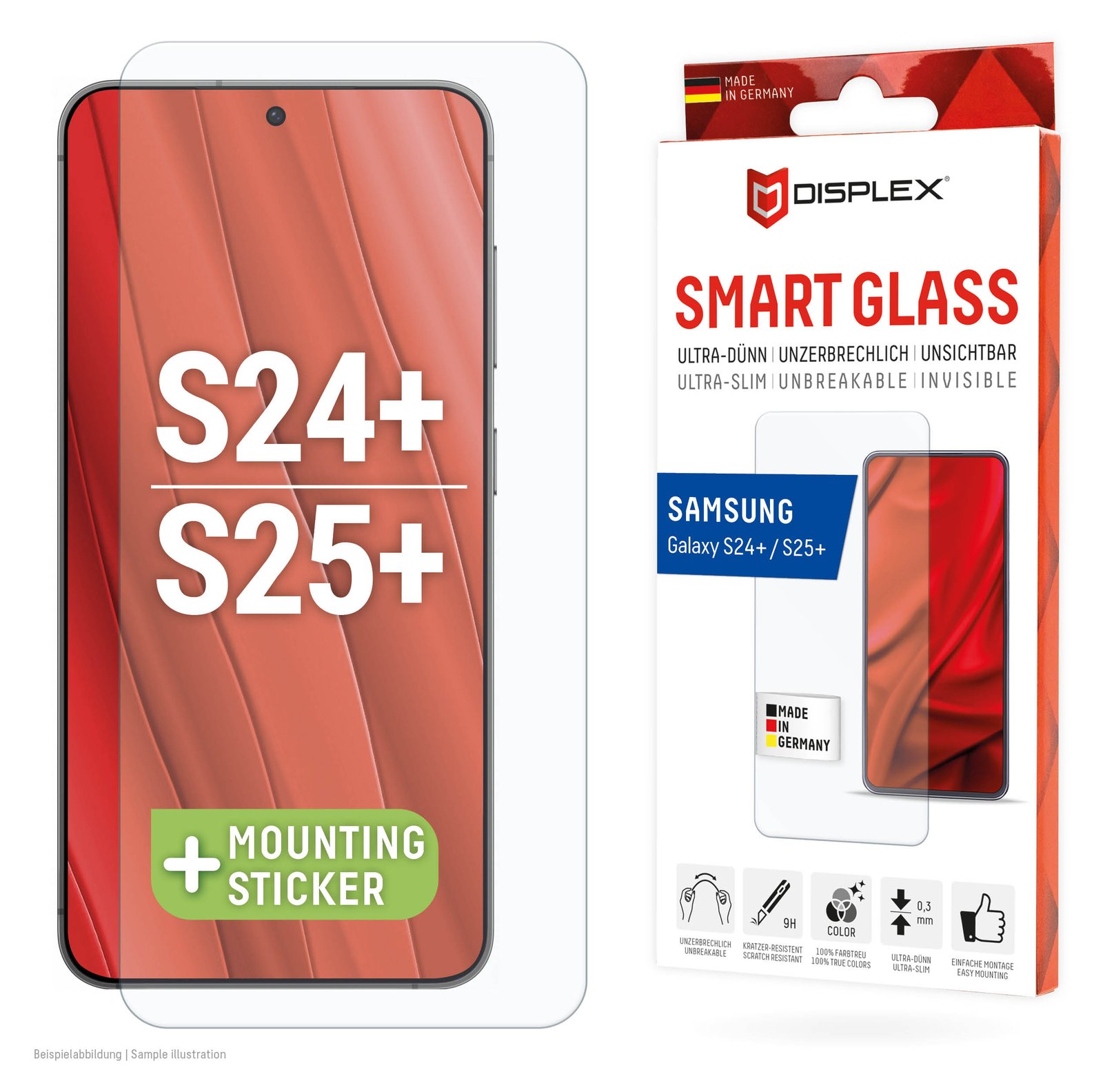 E.V.I. Displex Smart Glass (9H) für Samsung Galaxy S24+/S25+ - Montagesticker - unzerbrechlich - Staubresistent