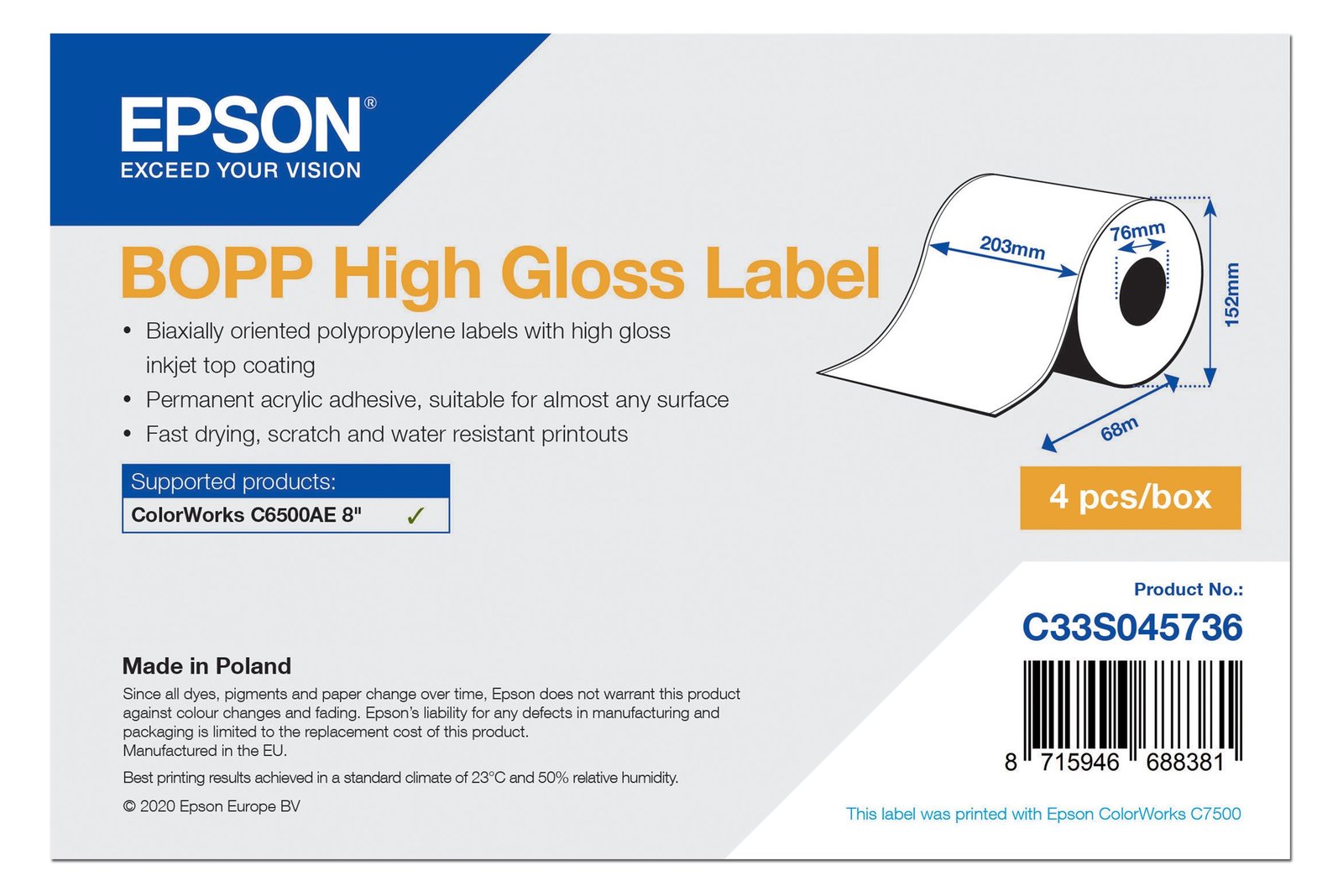 Epson BOPP - Hochglänzend - permanenter Acrylklebstoff - mikroporös - weiß - Rolle (20,3 cm x 68 m)