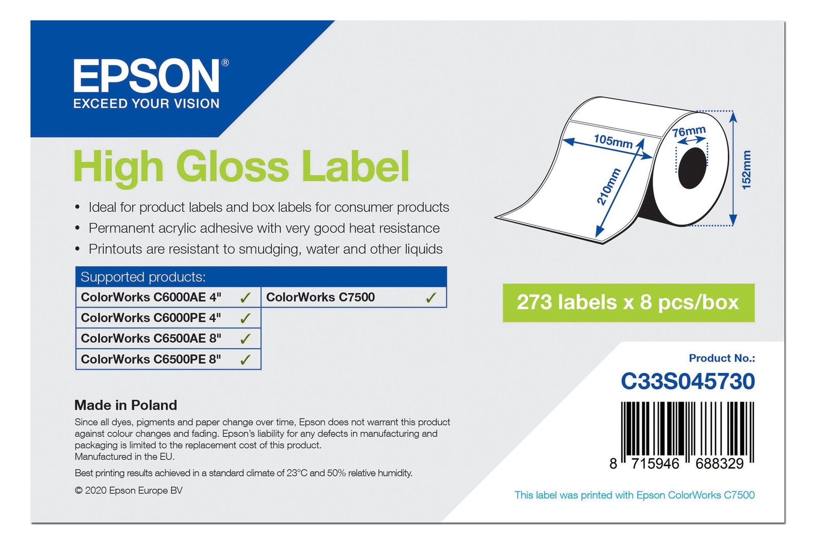 Epson Hochglänzend - permanenter Acrylklebstoff - 105 x 210 mm 273 Etikett(en) (1 Rolle(n)