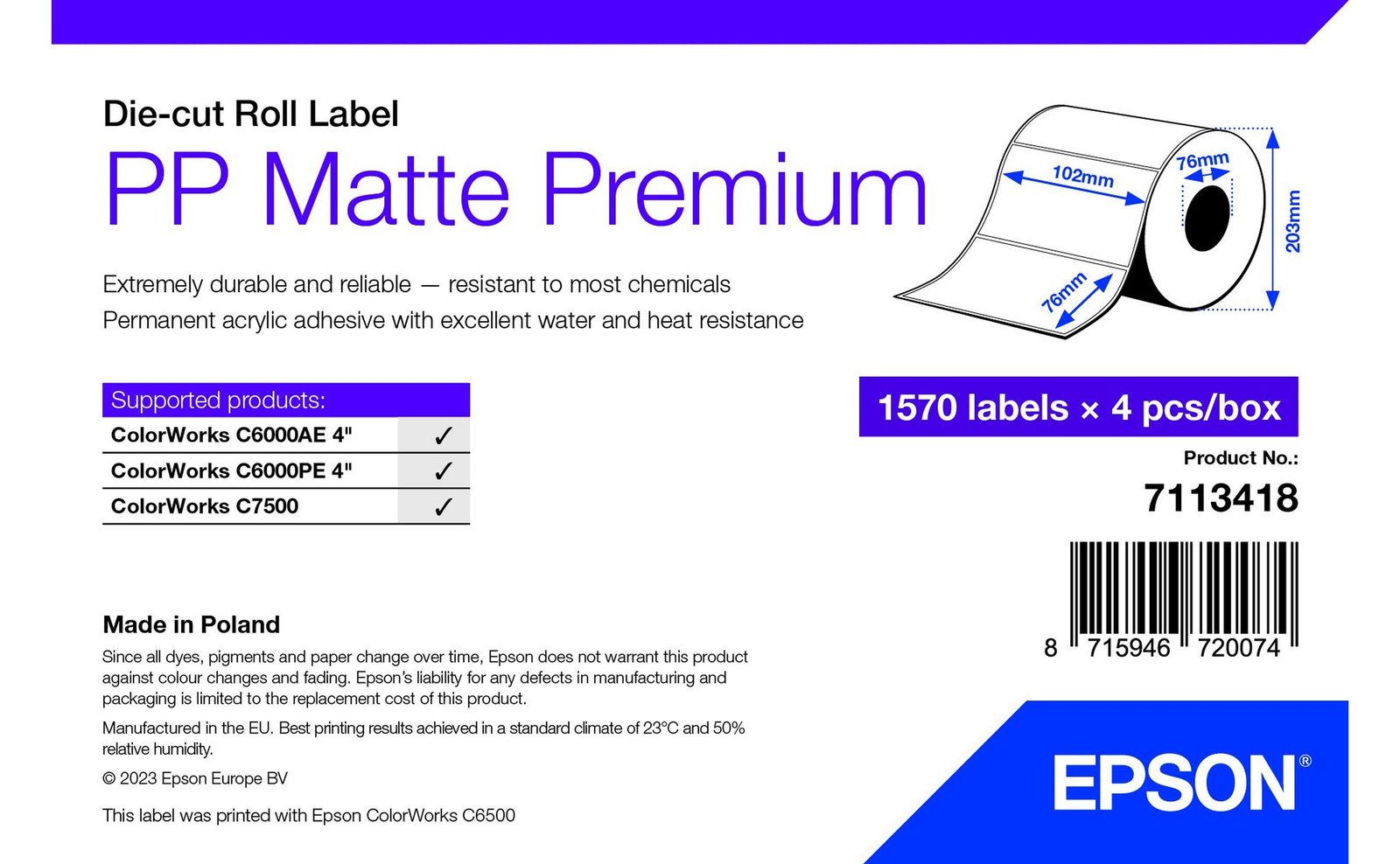 Epson Premium - Polypropylen (PP) - matt - permanenter Acrylklebstoff - 102 x 76 mm 6280 Etikett(en) (4 Rolle(n)