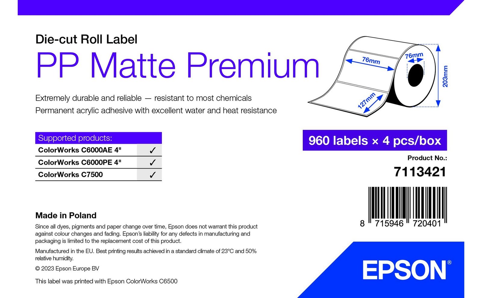 Epson Premium - Polypropylen (PP) - matt - permanenter Acrylklebstoff - 76 x 127 mm 3840 Etikett(en) (4 Rolle(n)