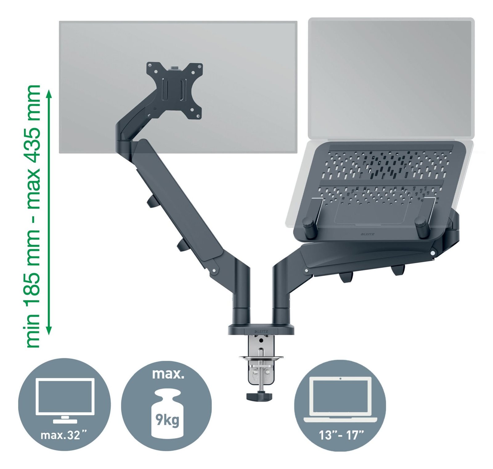 Esselte Leitz Ergo - Befestigungskit - für 2 LCD-Displays/LCD-Display/Notebook - Dunkelgrau - 43.2-81.3 cm (17-32)