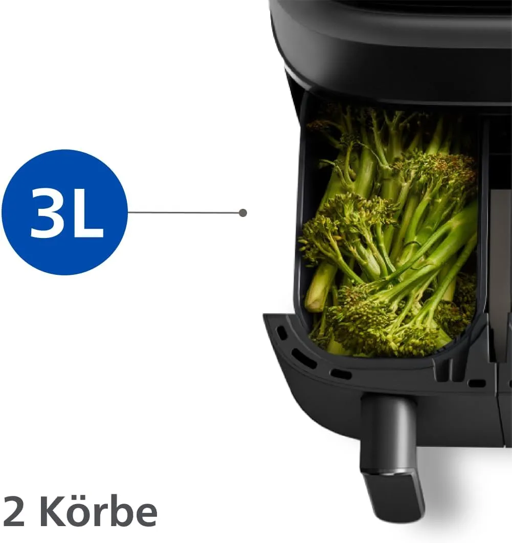 Philips Airfryer Dual Basket 3000 Series Heißluftfritteuse, 9L, 2 Körbe, 2 Gerichte gleichzeitig, RapidAir Plus Technologie, 90% weniger Fett, Energieeffizient, HomeID App (NA350/00) — Bild 2