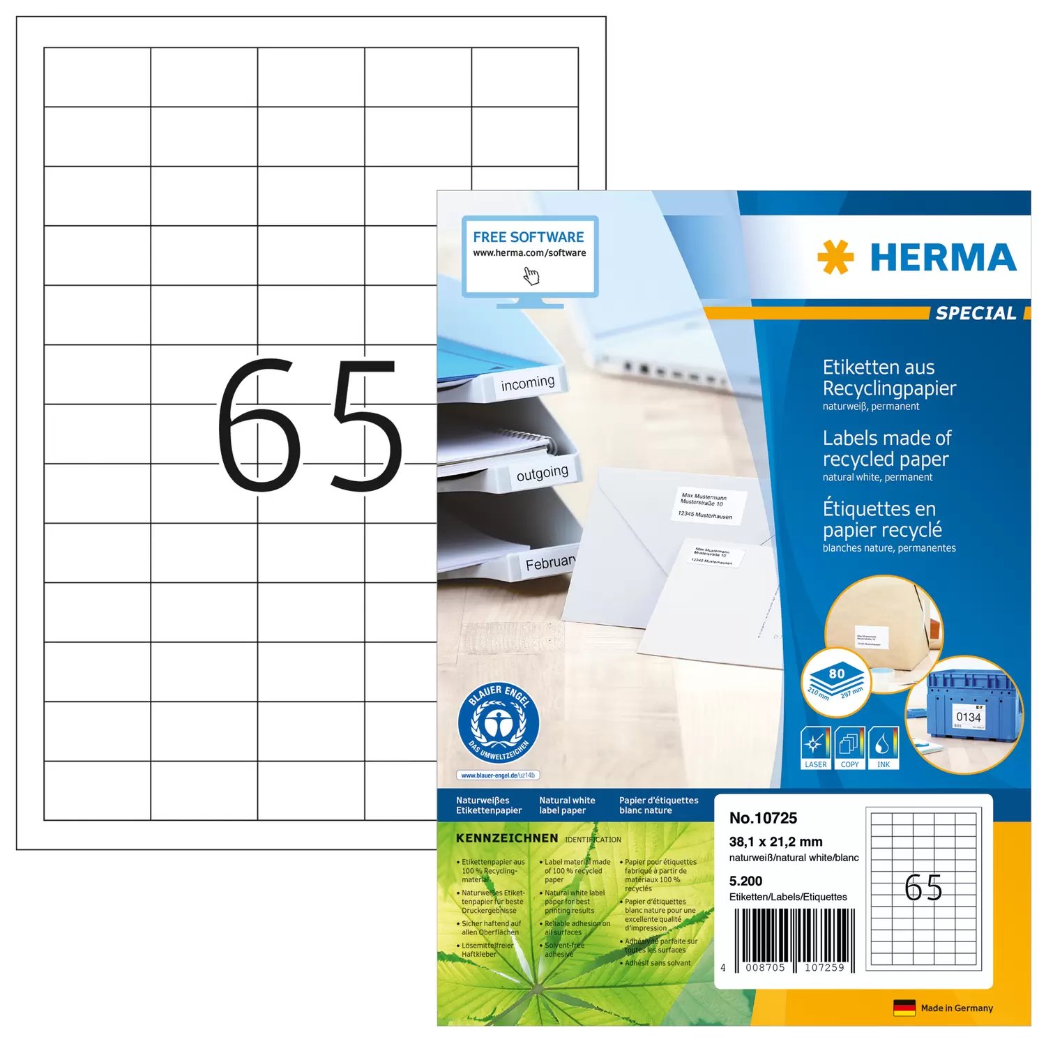 HERMA 10725 - Weiß - Selbstklebendes Druckeretikett - Gestanztes Etikett - Papier - Laser/Inkjet - Dauerhaft